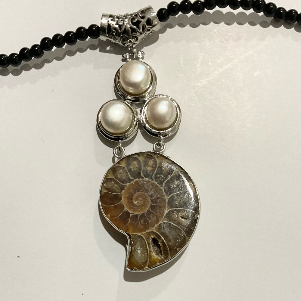 Elegant Silver and Brown Ammonite Pendant Necklace